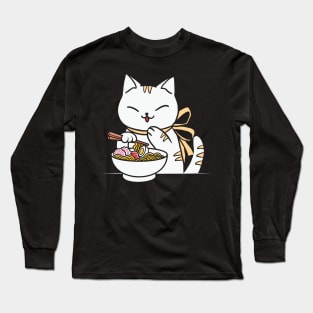 Anime cat eating ramen Long Sleeve T-Shirt